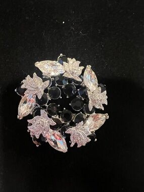 Silver & Black Crystal Floral Brooch - Women's Jewelry